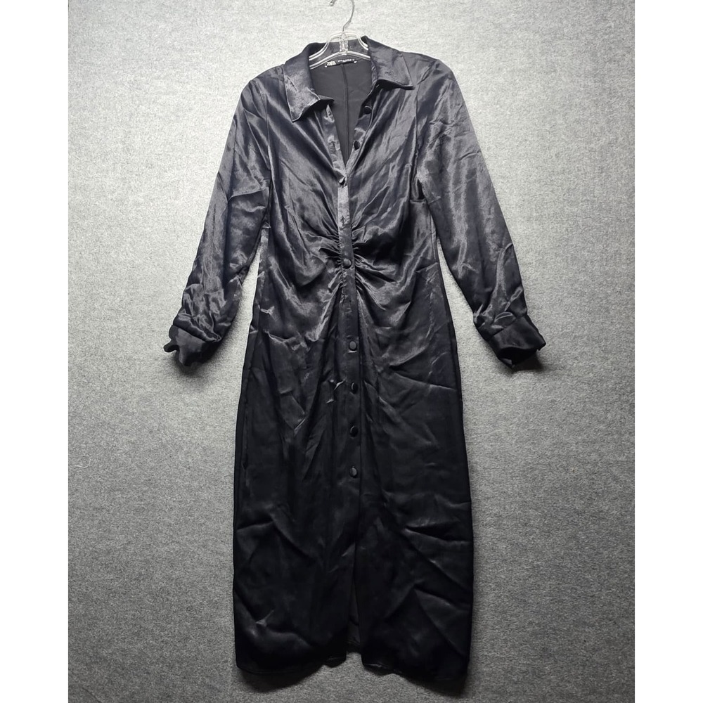 ZARA Women's Black Satin Effect Ruched Maxi Dress Long Sleeve XS